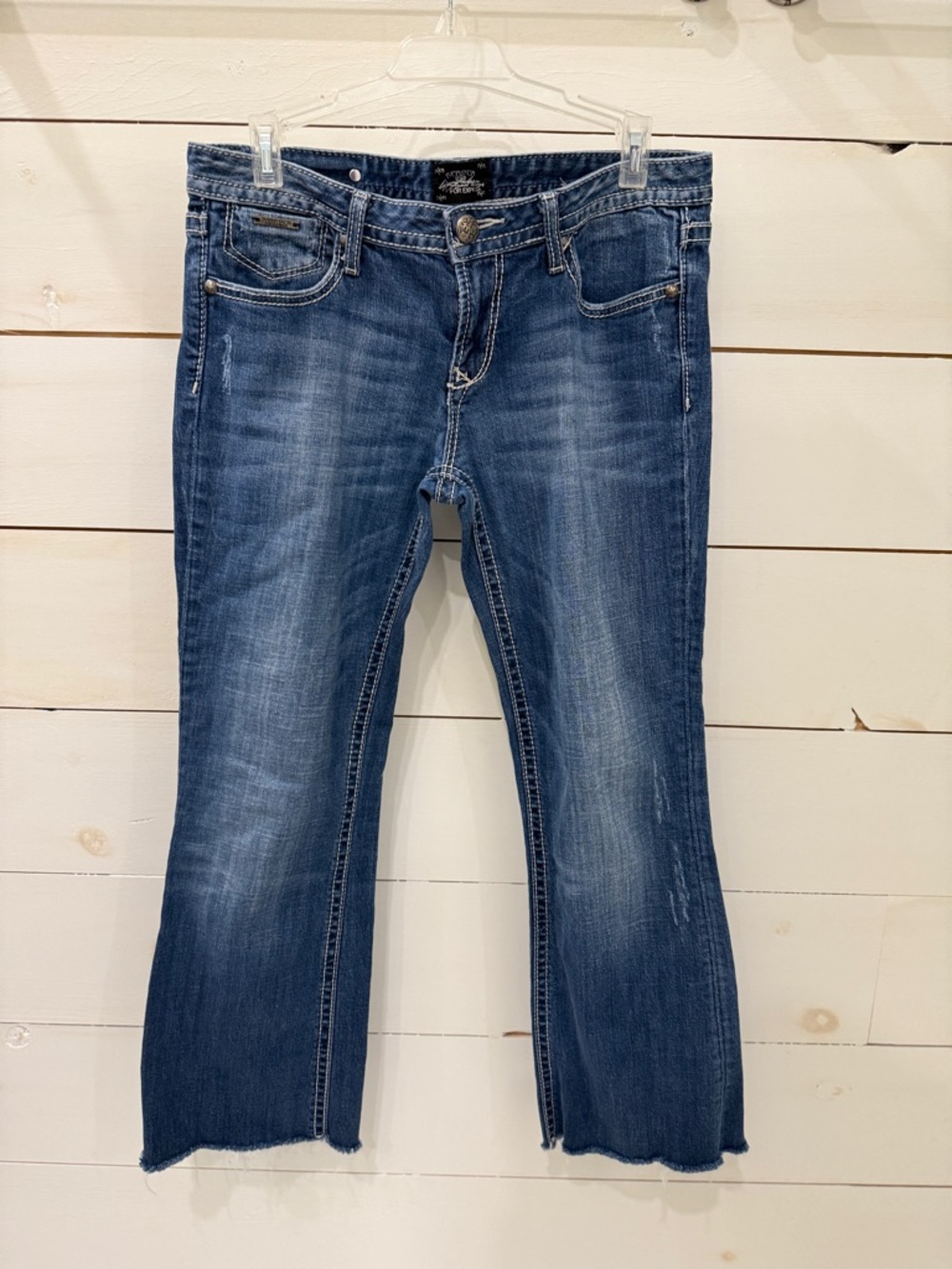 Express Women's Distressed Cropped Bootcut Jeans - Blue Denim